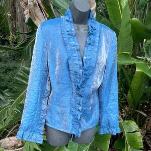 Rafael metallic blue jacket with ruffled trim